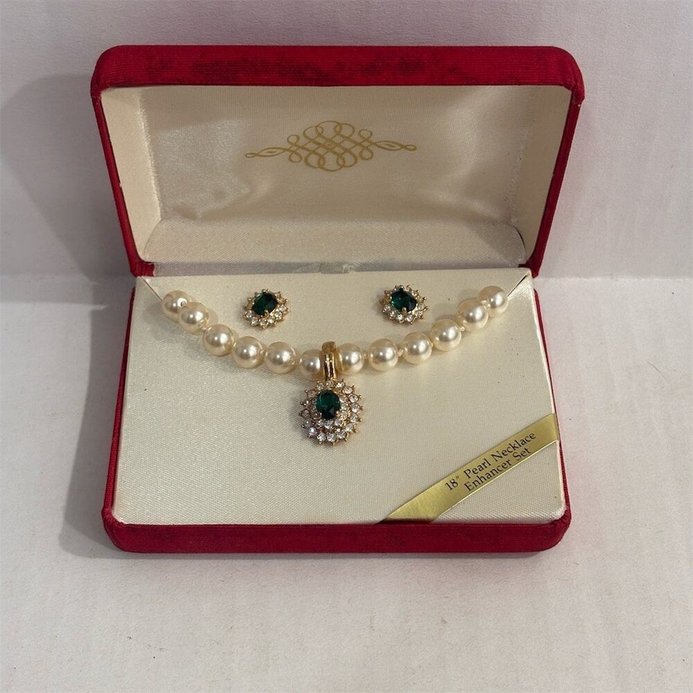 Roman Vintage Faux Pearl Necklace Set Green Rhinestone Pendant Stud